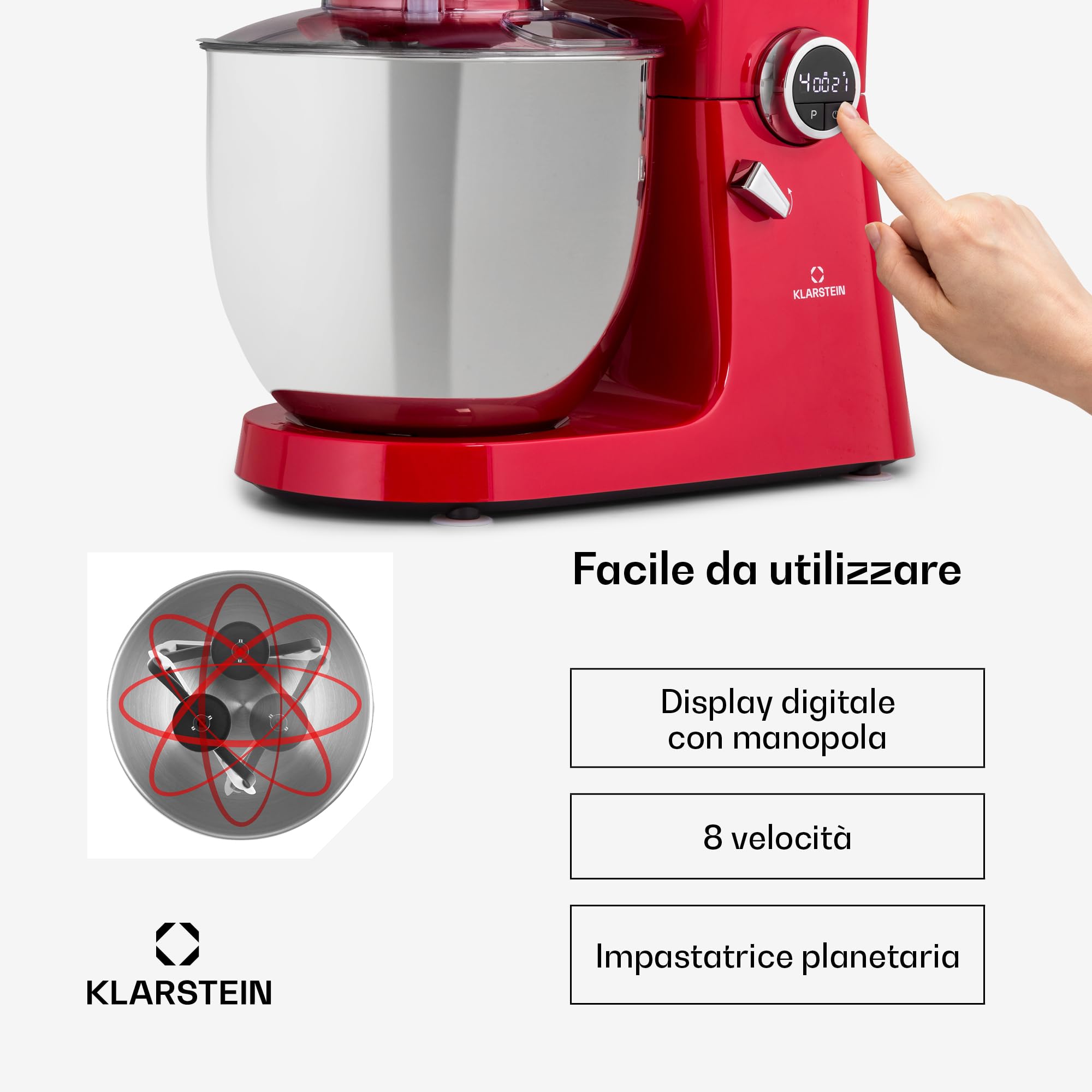 Klarstein Robot da Cucina, Planetaria 2000W, Impastatrice Planetaria, Blender, Mixer Cucina 3 in 1, Robot da Cucina Multifunzione 10L, Impastatrice Planetaria Professionale, Impastatrice Pizza