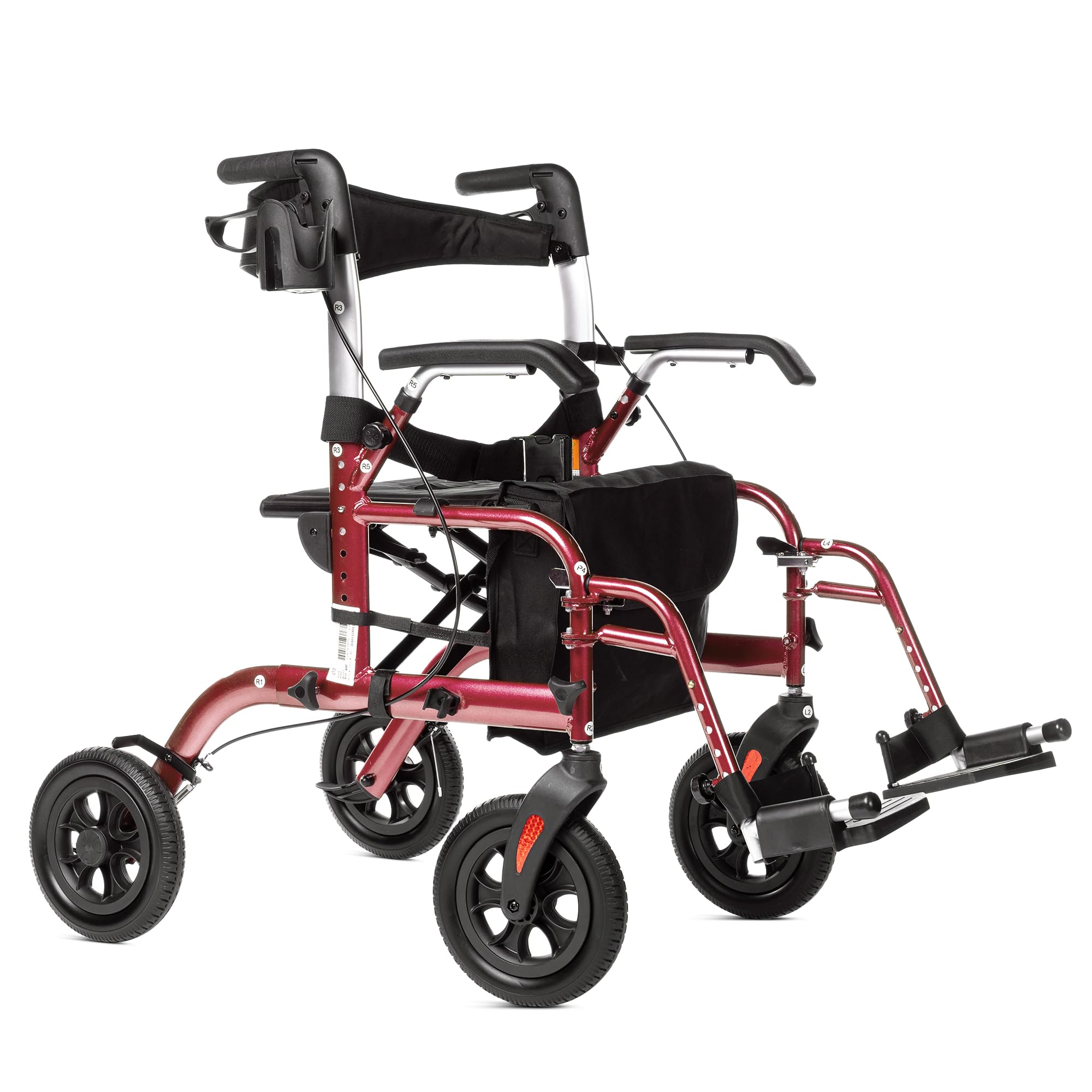 ELENKER All-Terrain 2 in 1 Rollator Walker & Transport Chair for Seniors, Rollator Wheelchair Combo with Seat, 10” Solid Wheels, Compact Folding, Burgundy