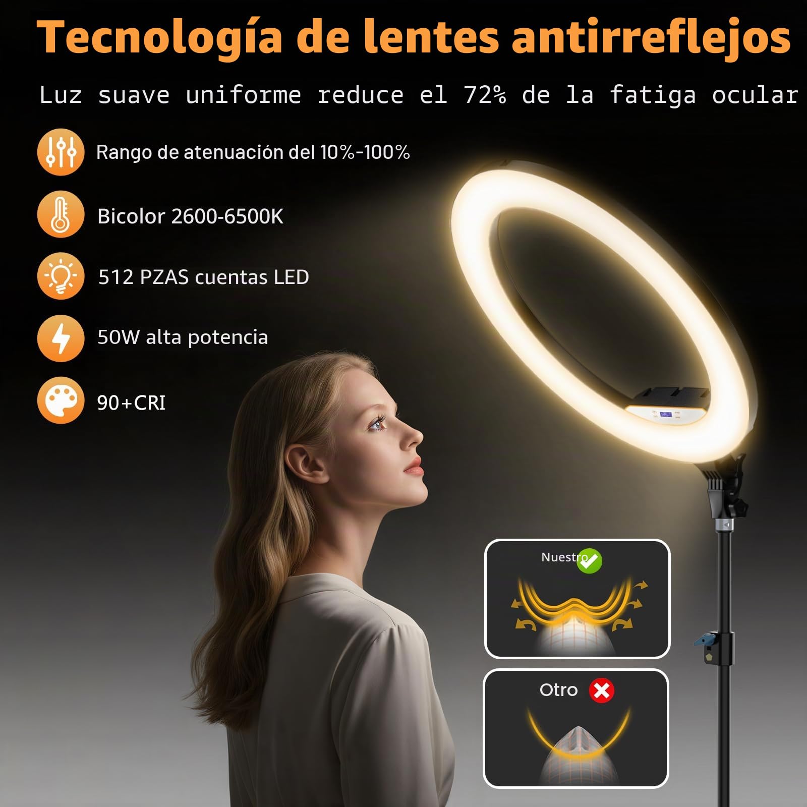 MACTREM Aro Luz LED 22" Profesional 190cm/75 Trípode Regulable Tatuaje | 50W 6500K, Para Tablet Teléfono, Pestañas, Maquillaje, En Directo, Grabación Vídeo, TikTok, Fotografía