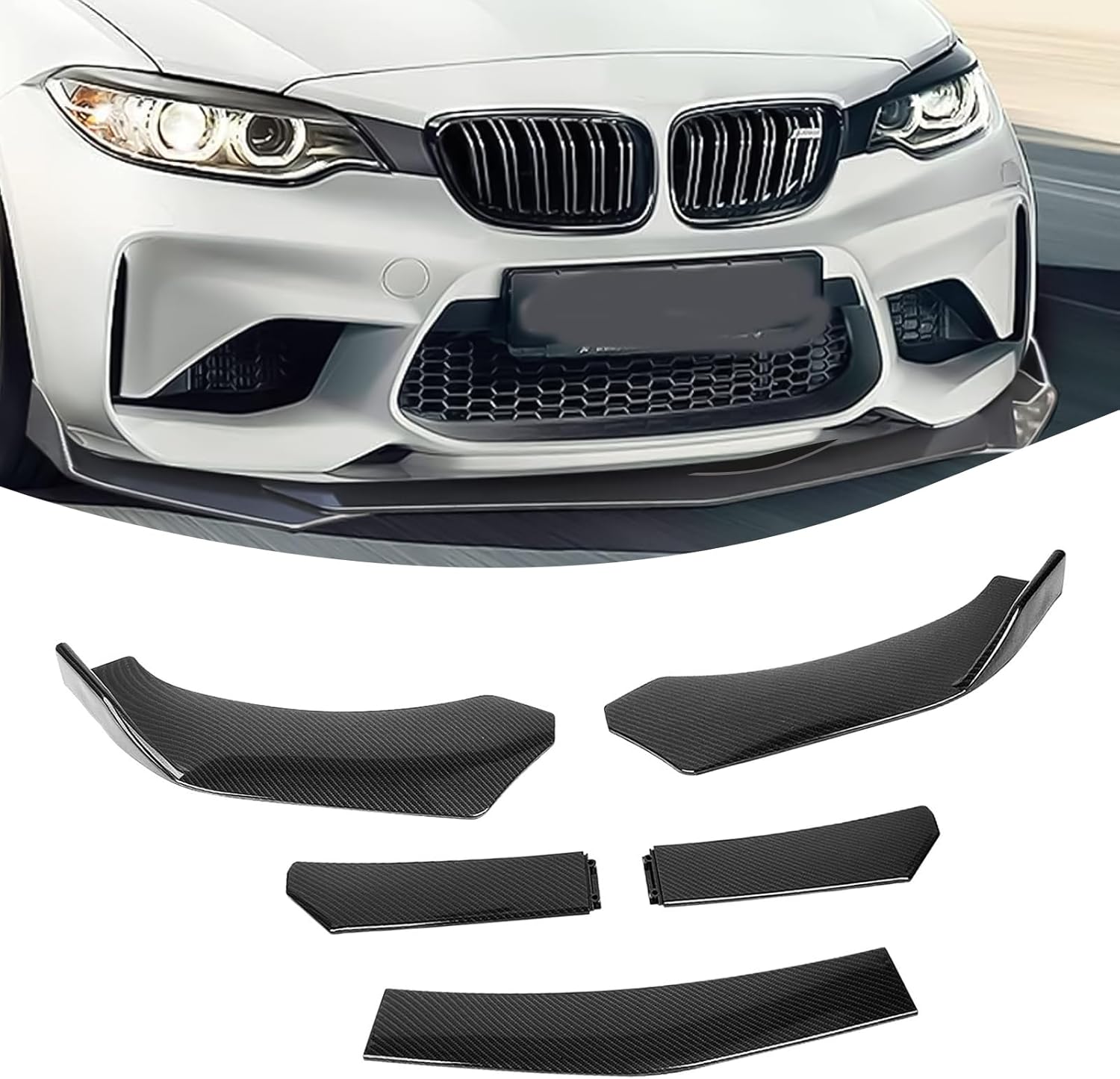 5-Section Universal Front Bumper Lip Spoiler, Carbon Fiber Look ABS Splitter for Sedan Coupe Hatchback, 56-72 Inch Adjustable Body Kit