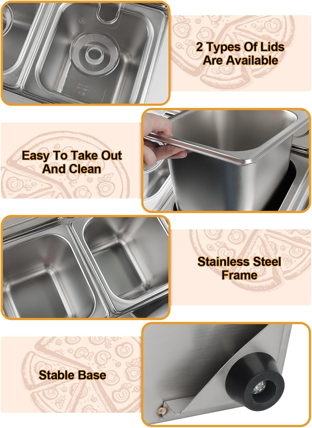 Lanstics Pizza Topping Station Pizza Storage Container Topping containers with Lids Spoon Condiment Organizers Buffet Containers Set for Restaurant Pizza Sauce Jam Fruit Ingredient (6 Pans)