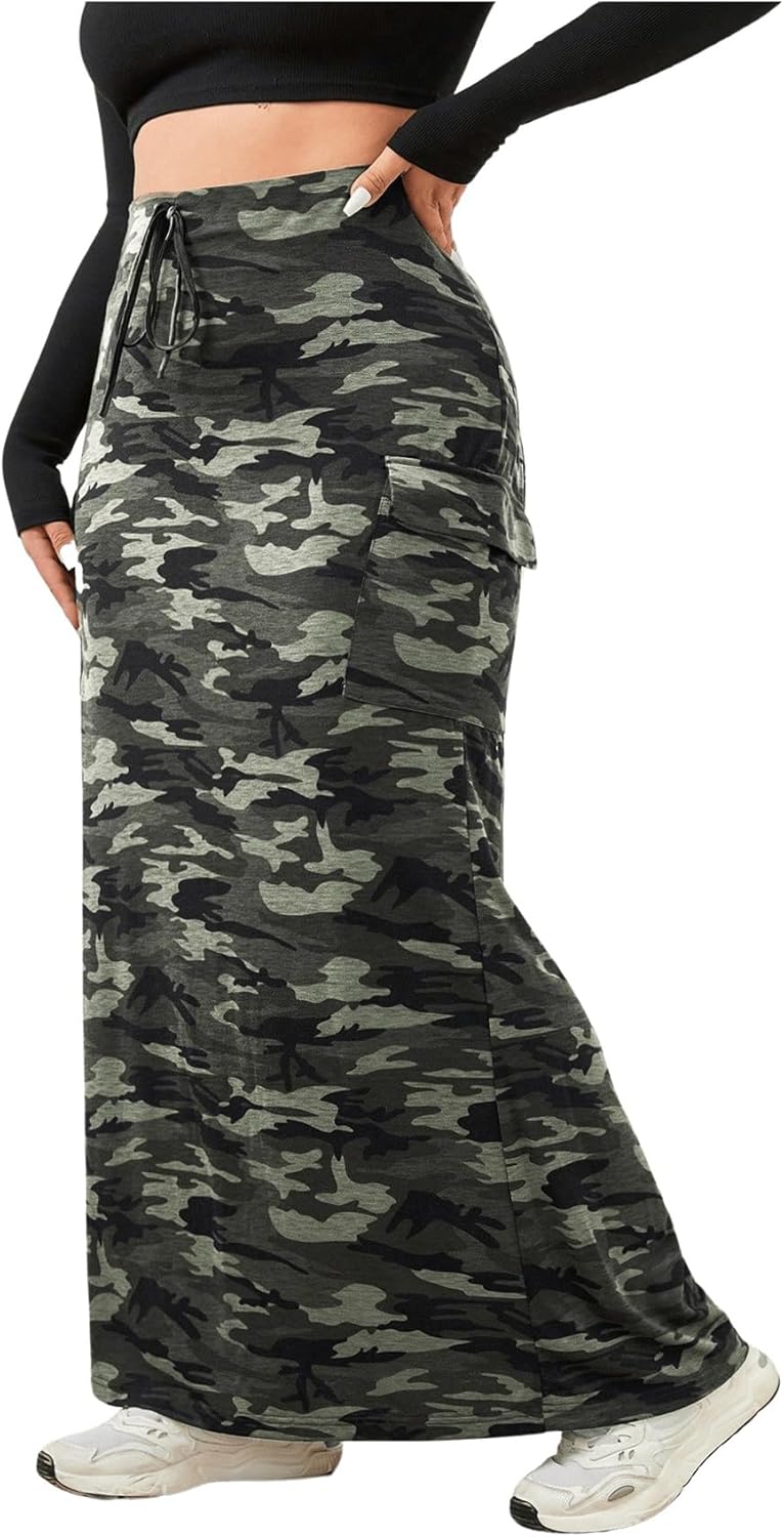 Verdusa Women's Plus Size Camo Skirt Y2k Drawstring High Waist Bodycon Long Skirts - Image 4