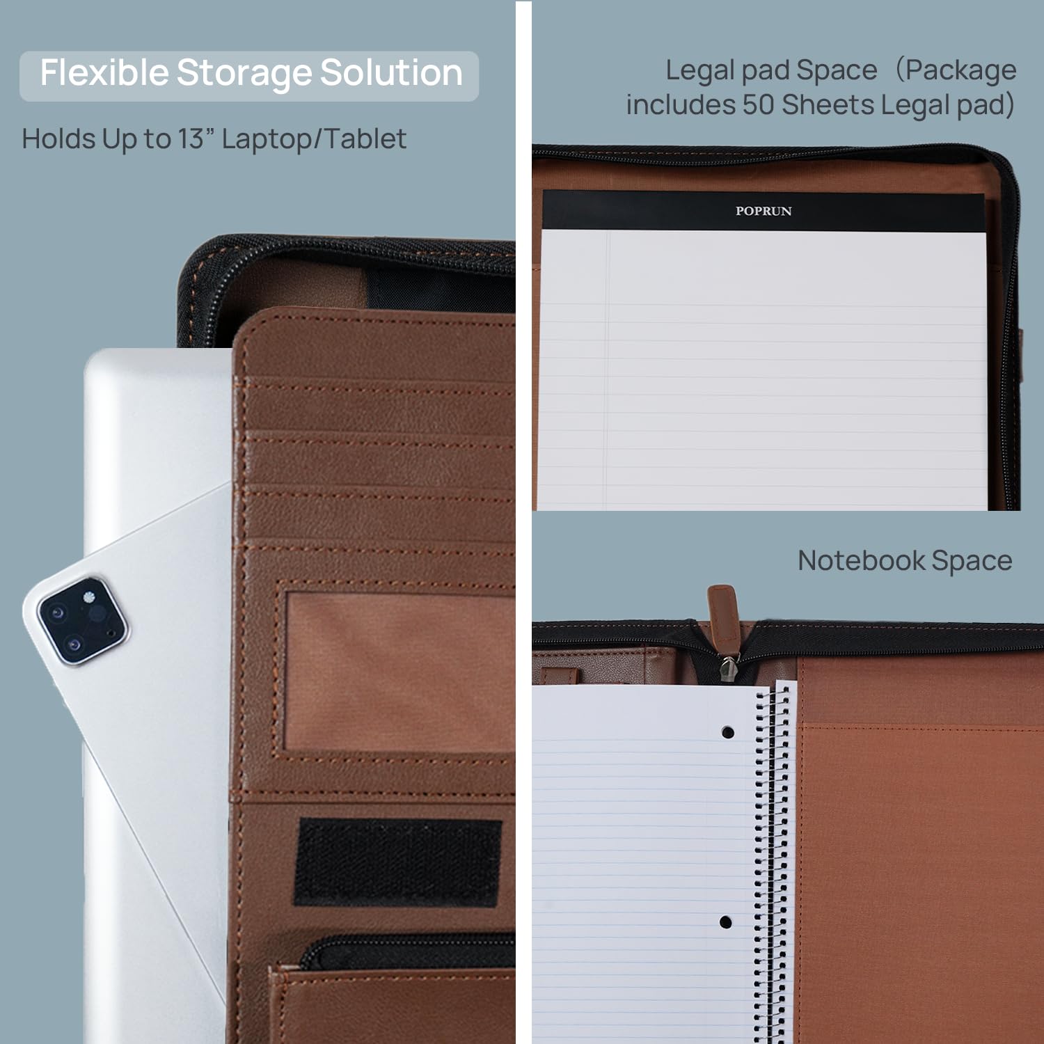 POPRUN Raccoglitore con cerniera, organizer per documenti in pelle con contenitore, cartella professionale ideale per riunioni, presentazioni e lavori, include blocco da 50 fogli, marrone