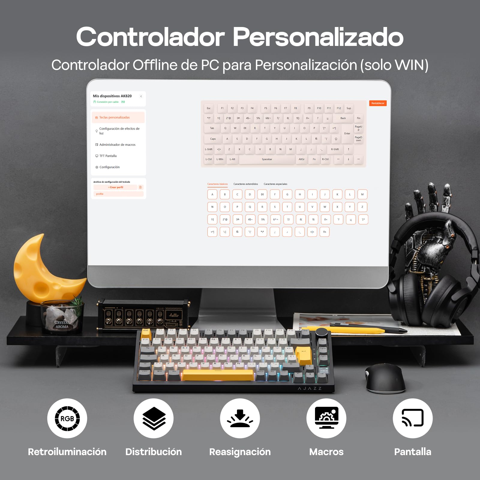 EPOMAKER Ajazz AK820 Pro ISO-ES Teclado Mecánico Inalámbrico, con Pantalla & Perilla, 2.4G/BT/USB, Iluminación RGB, Software Personalizado, Teclado Gaming de 75% Distribución Española para PC/Mac