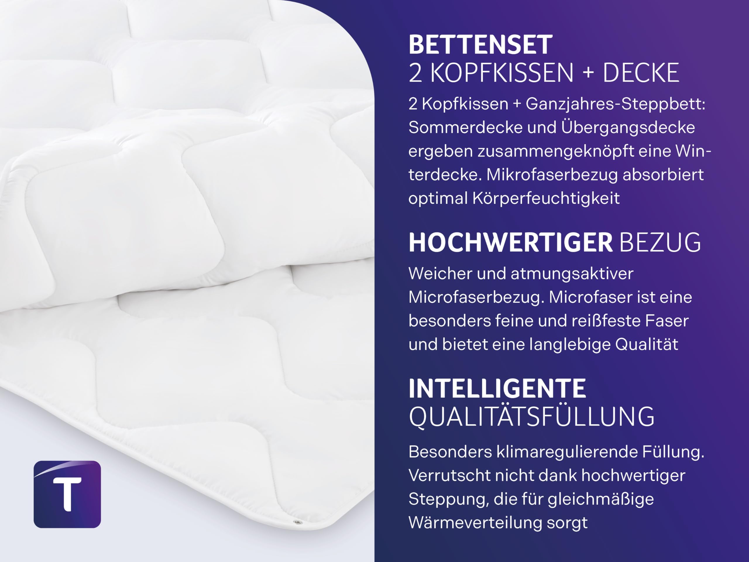 Traumnacht Cozy - Bettenset 4-Jahreszeiten, 1 x teilbare Bettdecke 135 x 200 Set und 1 x Kopfkissen 80 x 80 cm, Öko Tex zertifiziert, weiß, entwickelt in Deutschland ,( 2er Pack )