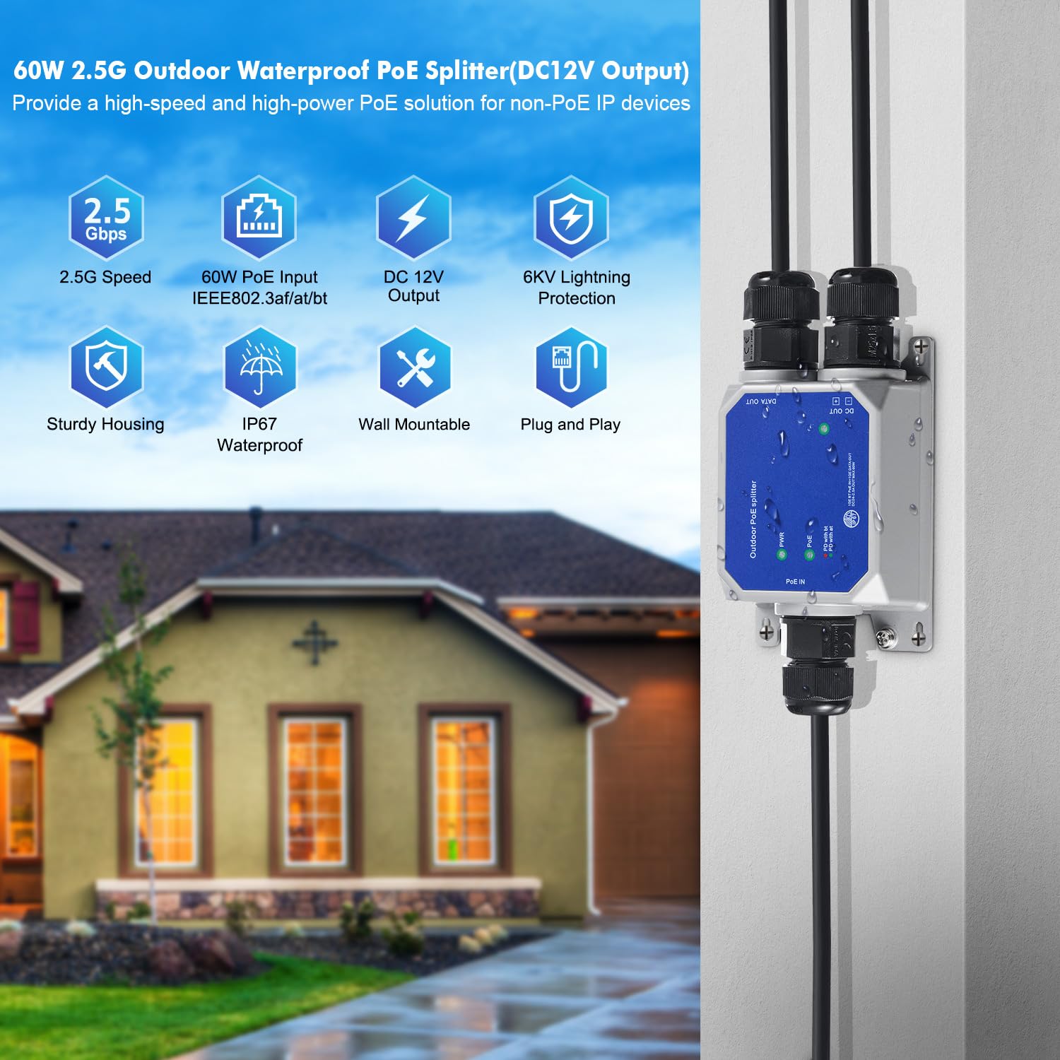 MokerLink IP67 Outdoor 2.5 Gigabit PoE Splitter, 10/100/1000/2500Mbps, IEEE 802.3 AF/at/BT PoE in, DC12V 5A Out, Max 65W, Wandmontage Metall Wasserdicht