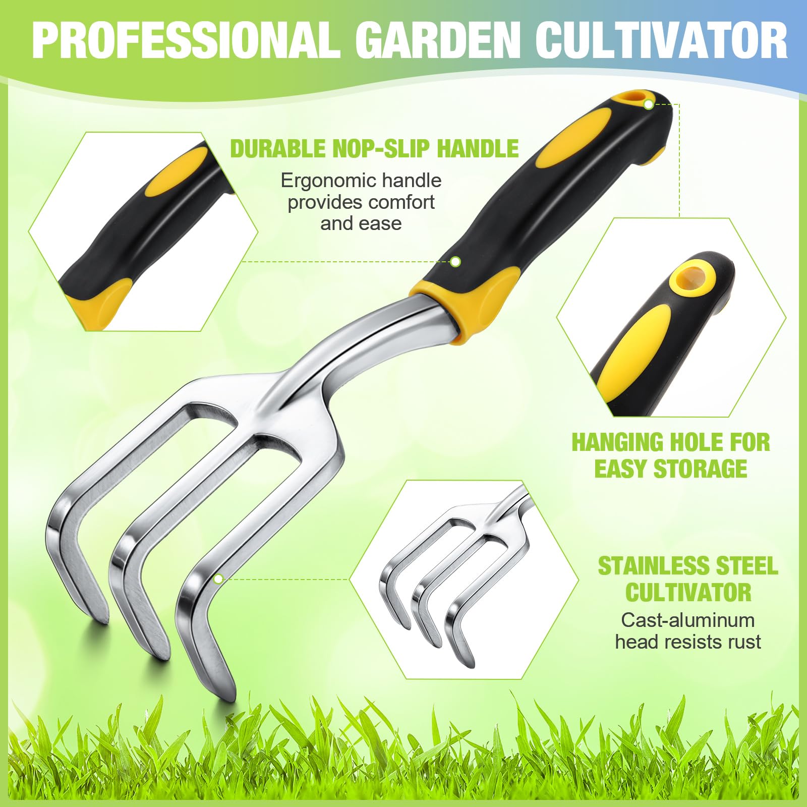 Yaocom 12 cultivadores de mano de jardín de aleación de aluminio resistente, herramienta de jardín para jardinería, rastrillo de mano con mango suave de TPR para jardín, césped, patio, granja, hogar,