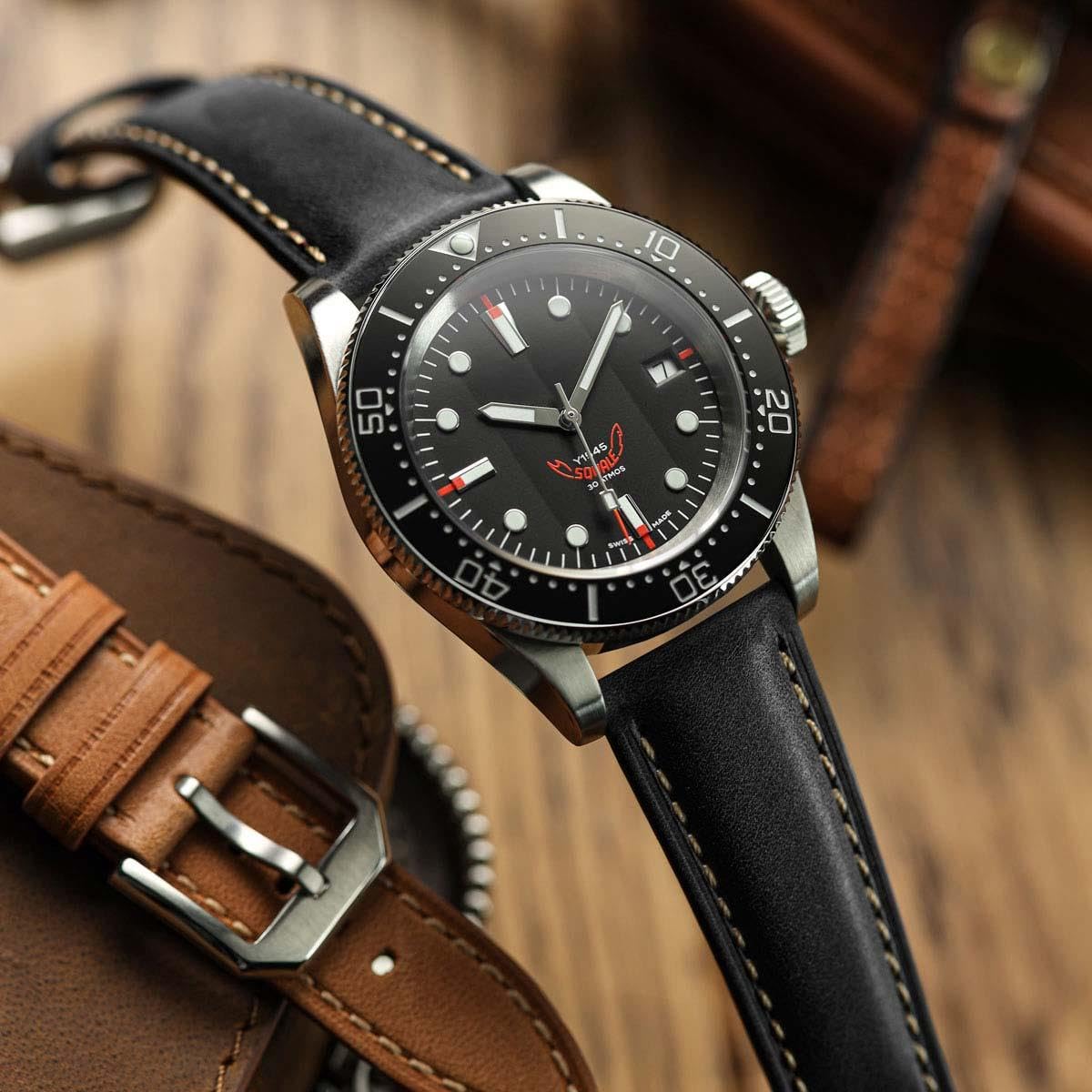 WatchGecko Whitby Vintage Padded Leather QR Watch Strap [Black, 20mm]
