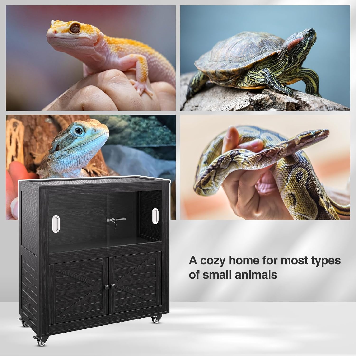 Reptile Terrarium with Stand, 40 Gallon Reptile Tank with Large Storage Cabinet and Ventilated Metal Mesh Top, Black