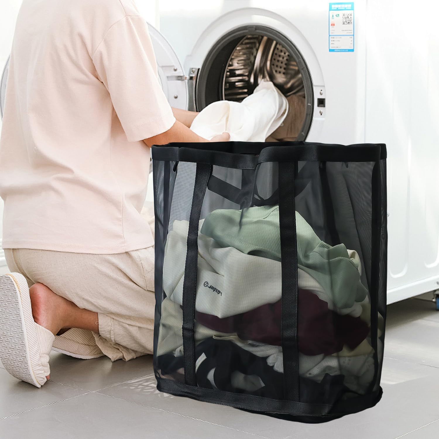 Mesh Bags with Handles, Collapsible Laundry Basket, Foldable Laundry Bag, Folding Beach Bag, Space-saving Travel Tote Bags (Black, 43x40x25cm)