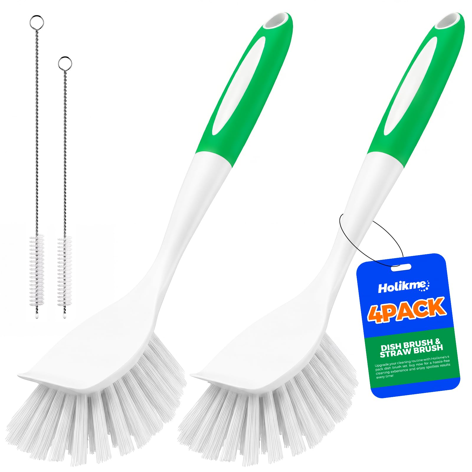 Holikme 4 Pack Dish Brush with Handle Set - 2 Pack Kitchen Dish Brush with Handle, 2 Straw Brushes, Deep Cleaning Dish Brush for Kitchen Sink Dishes, Pot and Pans, Green