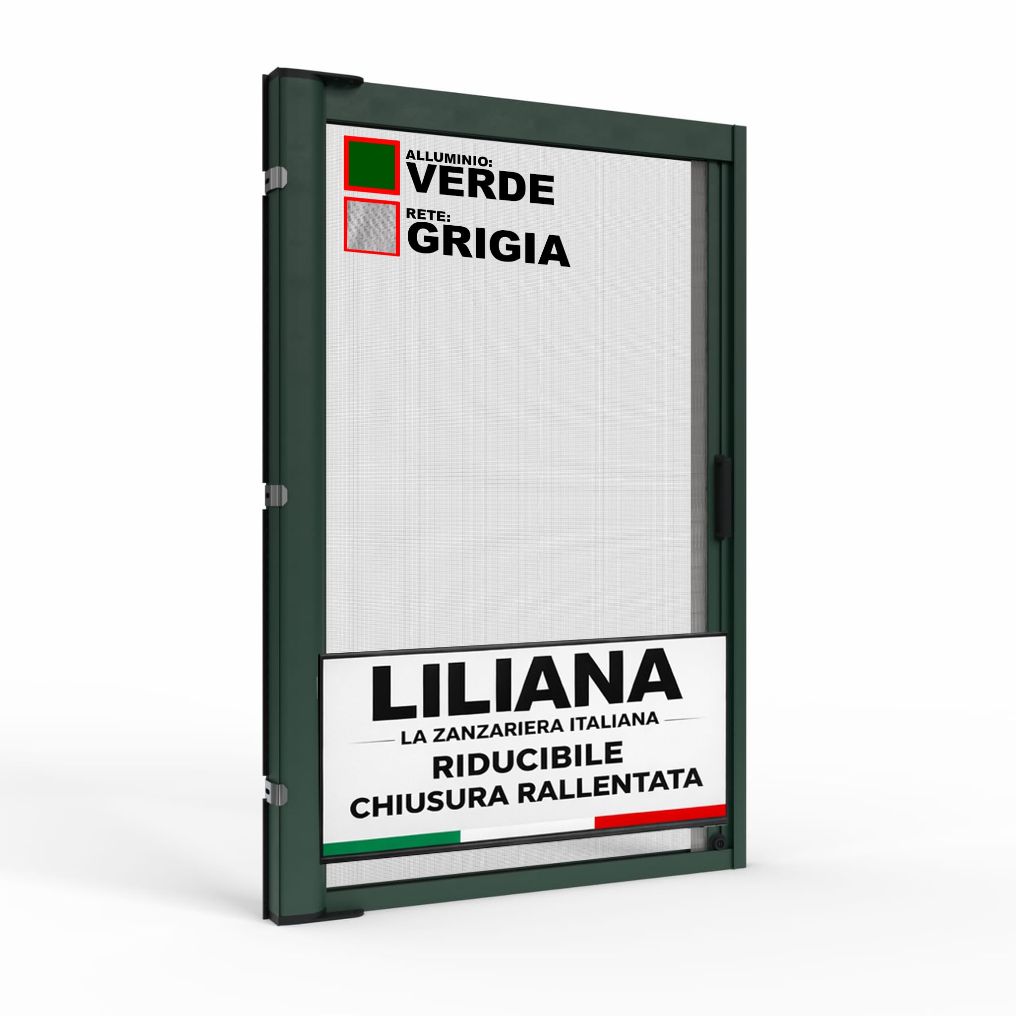 Zanzariera a Rullo "LILIANA" L 150 x H 250cm Laterale Riducibile per Porta Finestre Con Chiusura Rallentata e Magnetica - Verde RAL6005 con Rete in Fibra di Vetro Grigia - Made in italy