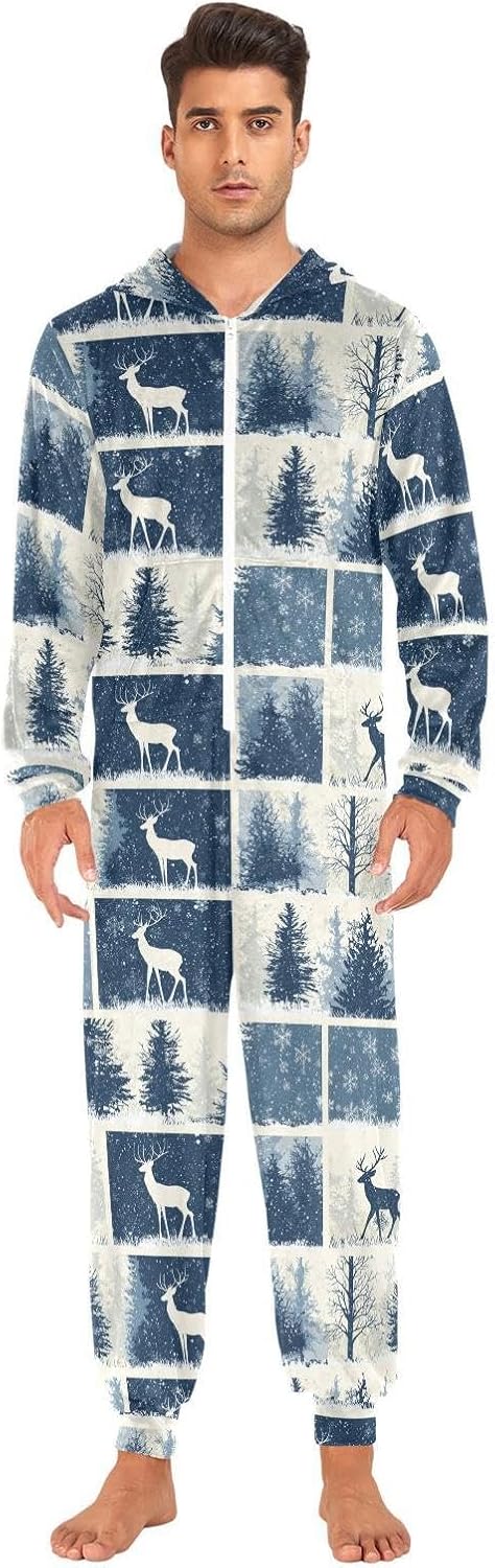 ZZKKO Forest Deer Winter Snow Adult Onesie Pajamas for Women Men Cozy One Piece Pajamas Costume Zip-Up Hooded S-XL