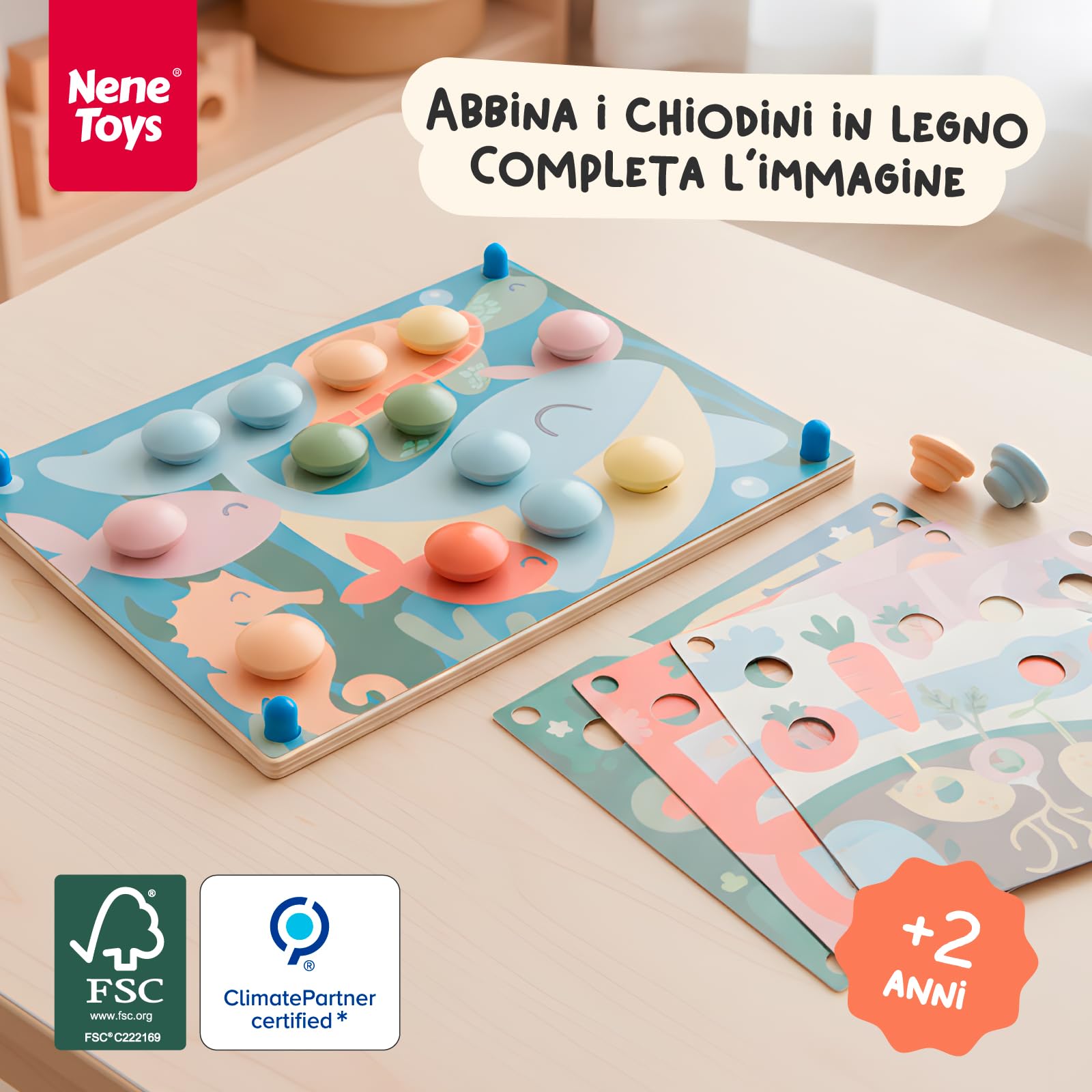 Nene Toys Gioco Chiodini in Legno Montessori 2+ - Puzzle Mosaico Bottoni Colori Pastello con 24 Chiodini & 12 Carte Modello - Gioco Educativo per Imparare i Colori, Motricità Fine - Bambini 2 3 Anni