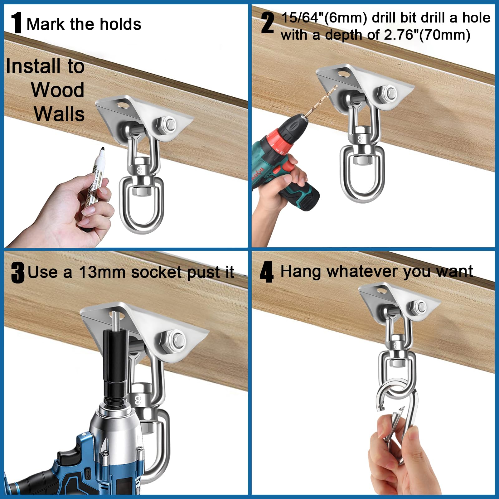 Kit para colgar hamacas, accesorios para sillas colgantes con rotación de 360° y capacidad de 1200 libras, ganchos de hamaca resistentes, kit de colgar silla hamaca y gancho de techo para soporte de 9