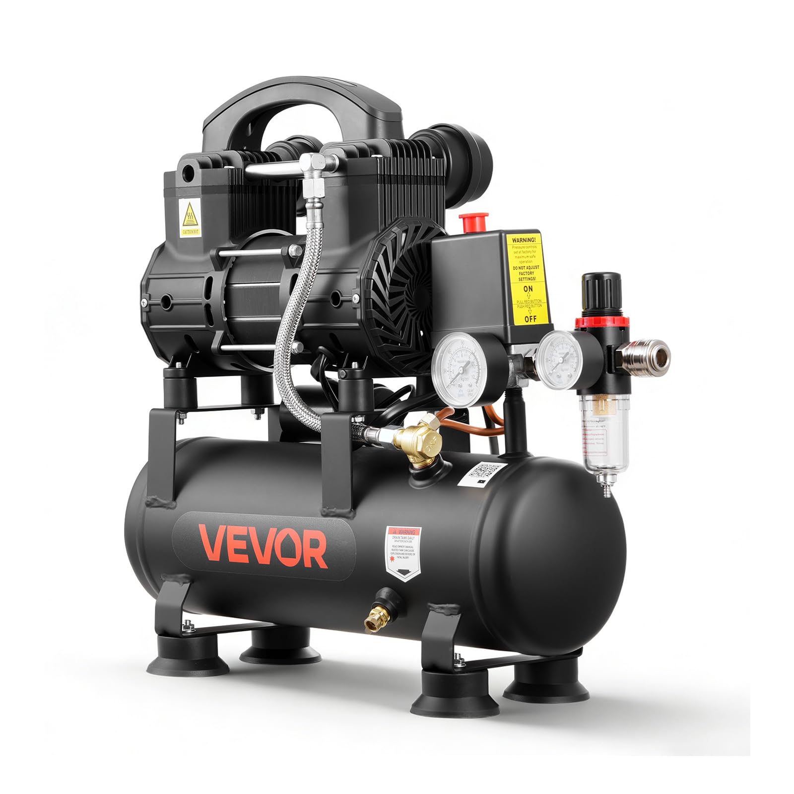 VEVOR Compresor de Aire Portátil con Depósito 6 L sin Aceite, Motor de 0,75 kW, 71 L/min a 6,2 bar, Presión Máxima 8 bar, con Ruedas para Garaje, Inflado, Reparación, Taller y Herramientas Neumáticas