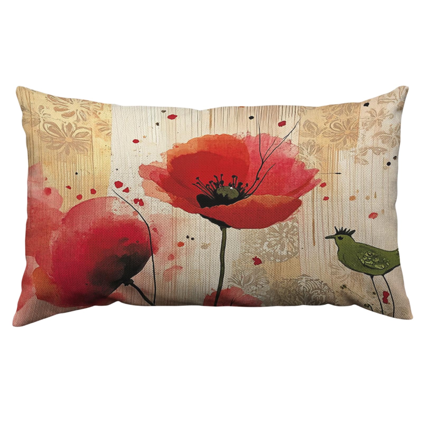 Orythyra Red Poppy Throw Pillow Case Cushion Cover Hand Drawn Design Linen Pillowcases Pillow Cover Living Room Couch Bed Sofa Car Waist Cushion Cover Farmhouse 30X50 CM