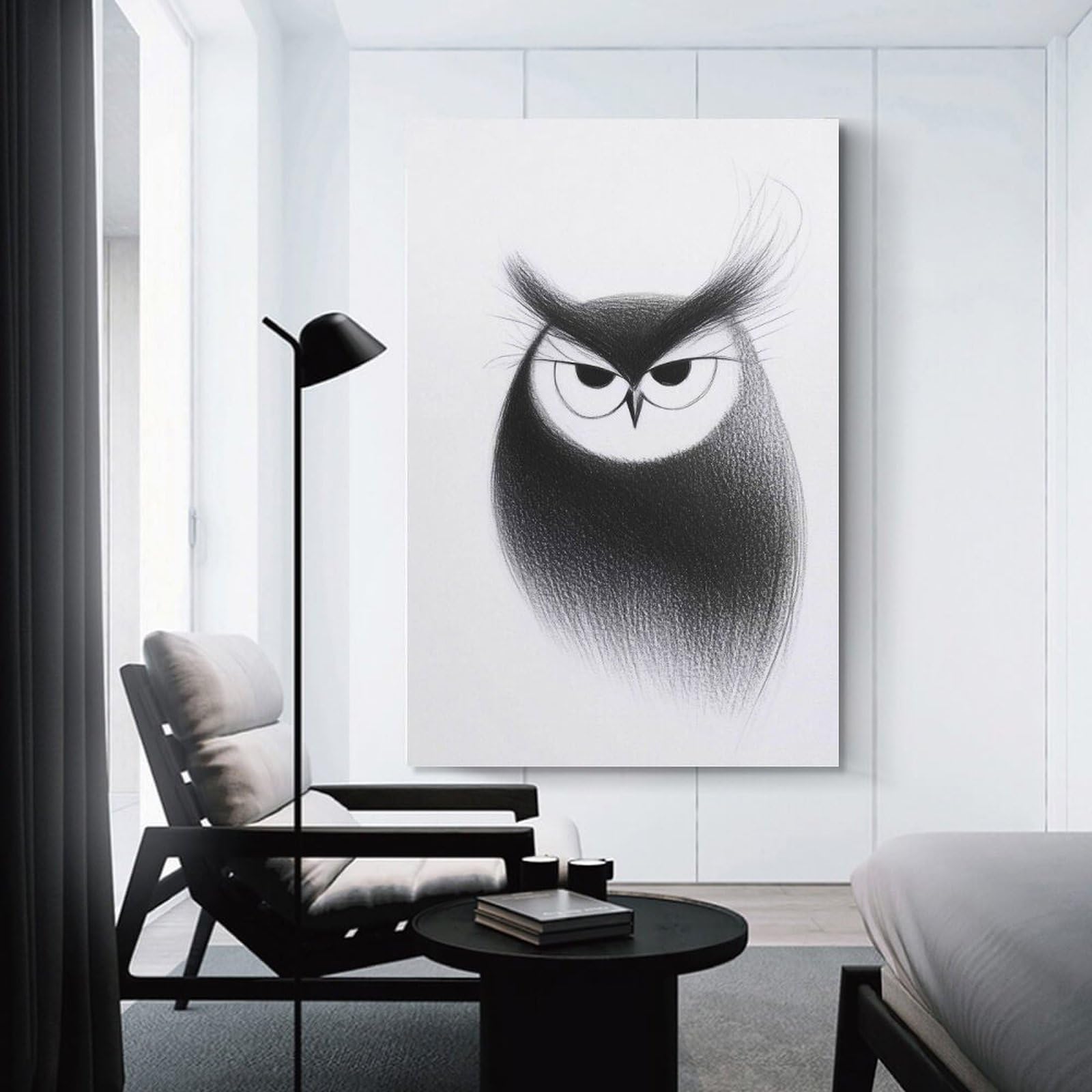Junmoney Decorative Wall Artwork Black And White Owl Illustration, 08x12inch(20x30cm), for Lounge, Bedroom Or Personal Spaces, Gift Idea for Housewarming And Birthdays