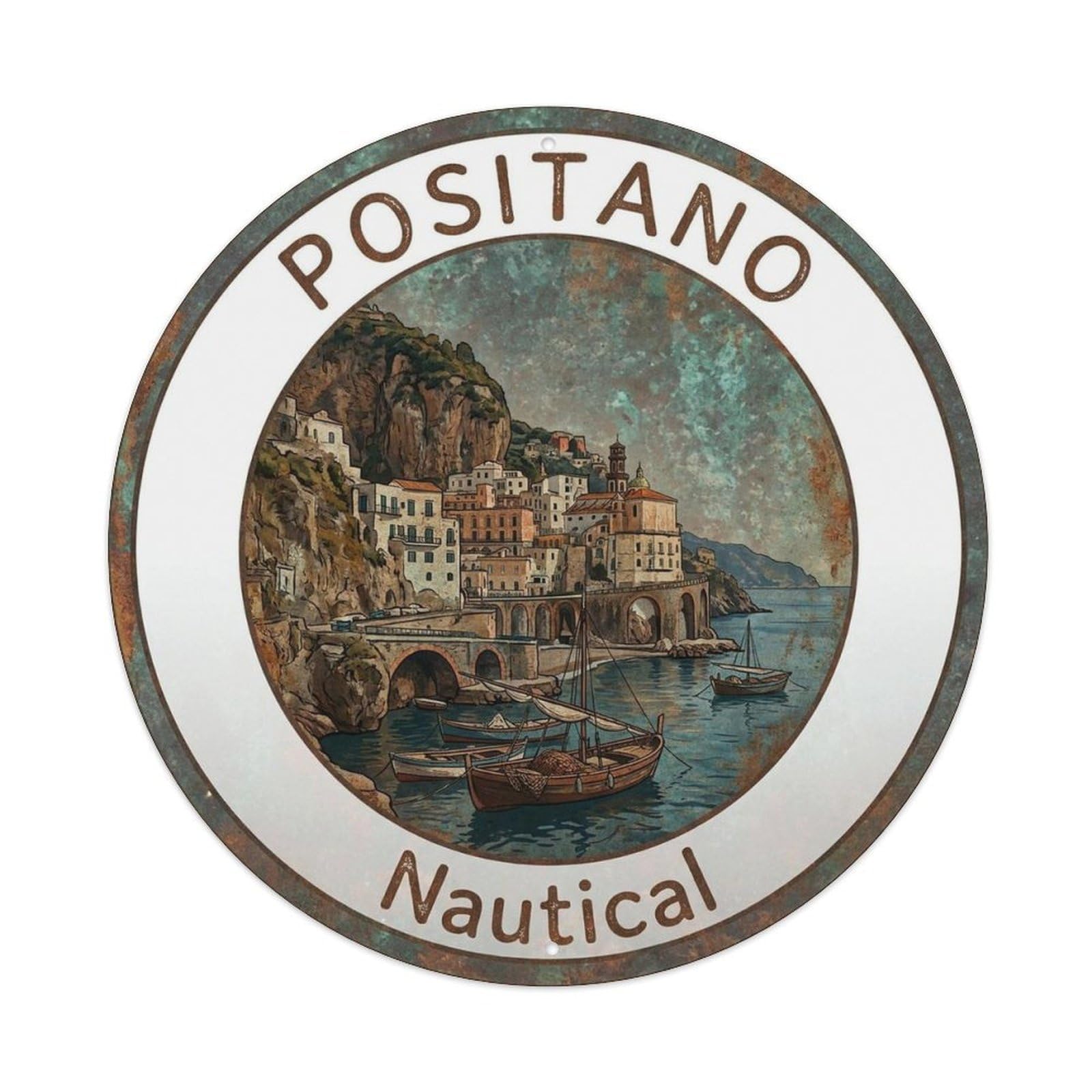 Southern Italy Positano Travel Emblem Italian Campania Metal Tin Sign Plaque Wall Decor for Cafe, Man Cave, Club Bar, Office, Home Garden Round Metal Poster 8x8Inch