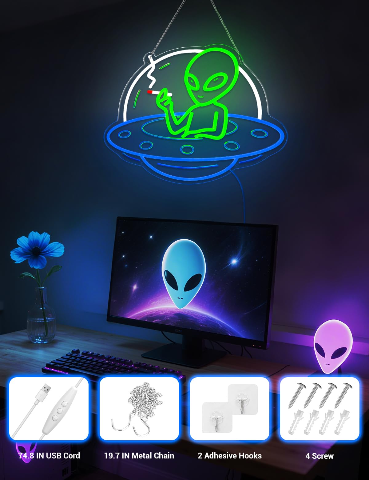 Letrero de neón alienígena, luz LED verde para decoración de pared, dormitorio, cueva de hombre, bar, pub, restaurante, decoración de Navidad y fiesta de cumpleaños, luz de neón alimentada por