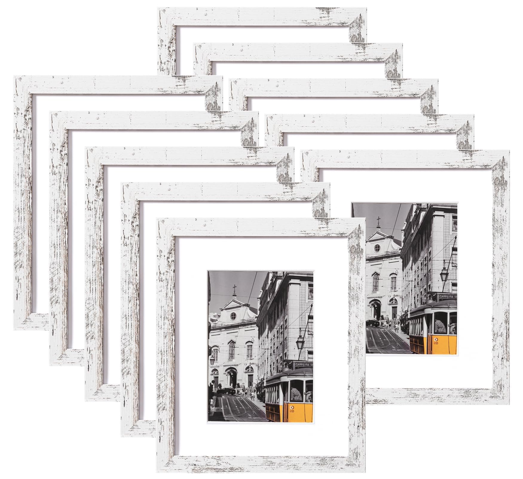 Photo 1 of eletecpro 8x10 Picture Frames Set of 10, Picture Frame Collage Wall Decor Display 5x7 Photo with Mat or 8x10 without Mat, Home Decor Gallery Frame for Table Top or Wall Mounting, Distressed White