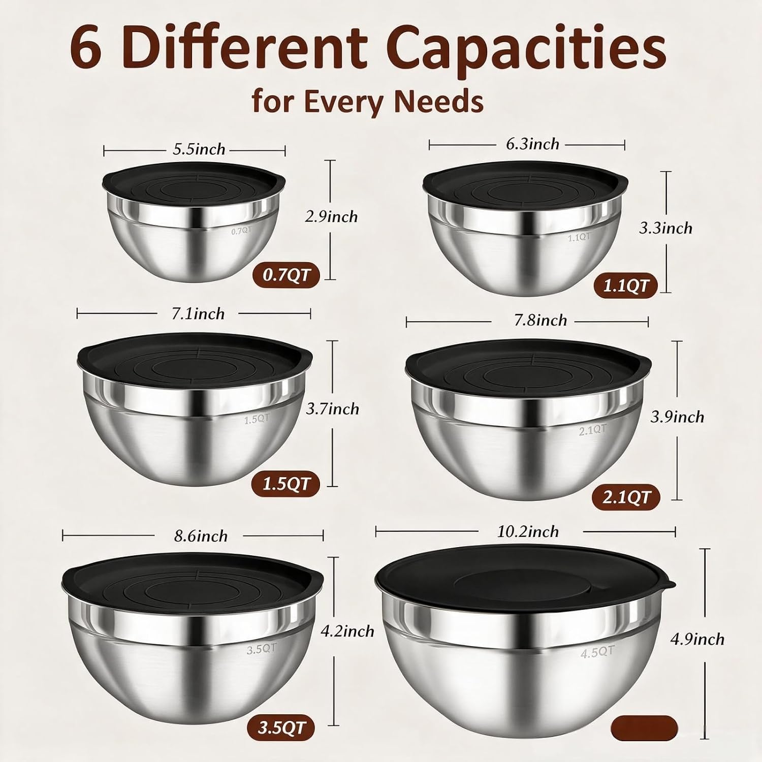 Stainless Steel Mixing Bowls Set, 6 Pack Nesting Bowls with Non-Slip Base