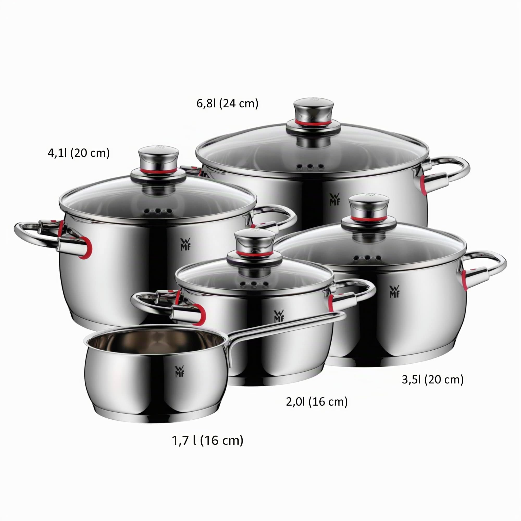 WMF Quaity One - Batería de Cocina 9 Piezas, Acero Inoxidable Apto para Inducción, 1 Cacerola Baja de 20 cm, 3 Cacerolas Altas de 16 cm, 20 cm y 24 cm, 1 Cazo 16 cm con 4 Tapas de Cristal