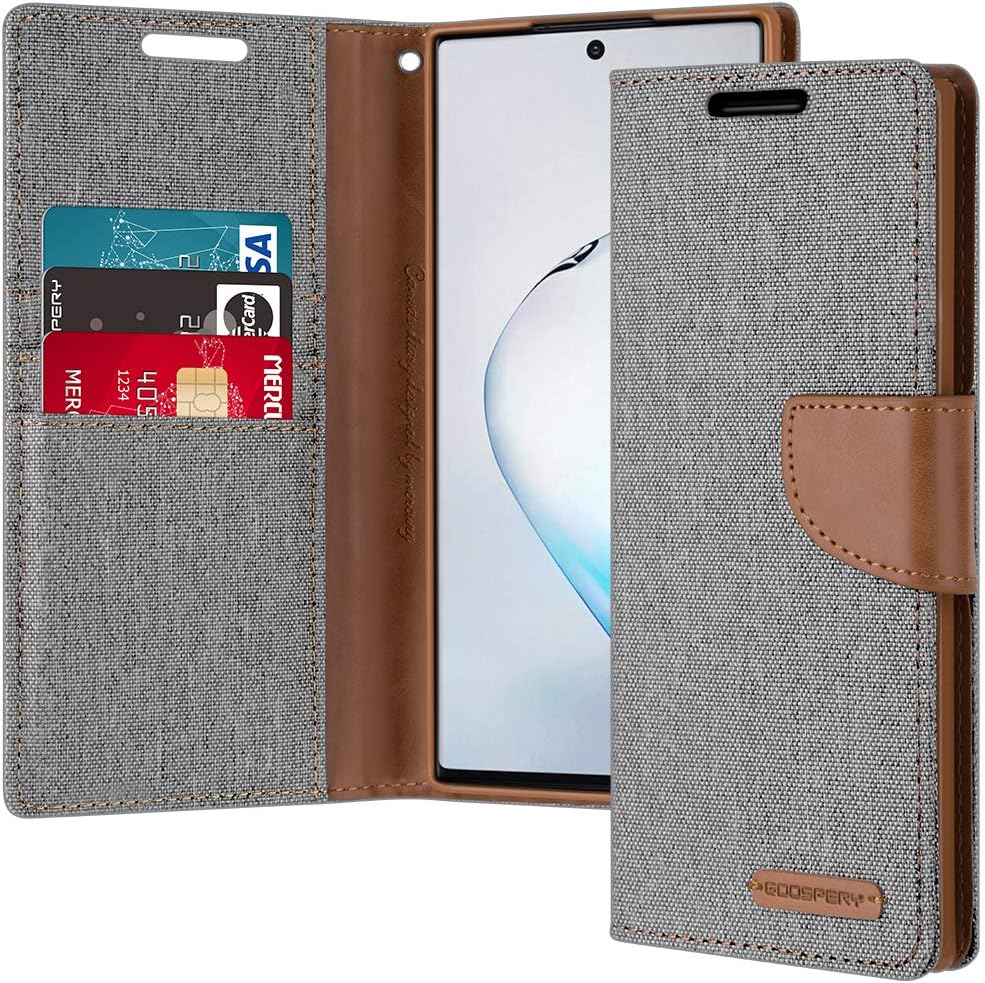 GOOSPERY Canvas Wallet for Samsung Galaxy Note 10 Plus Case (2019) Denim Stand Flip Cover - Grey