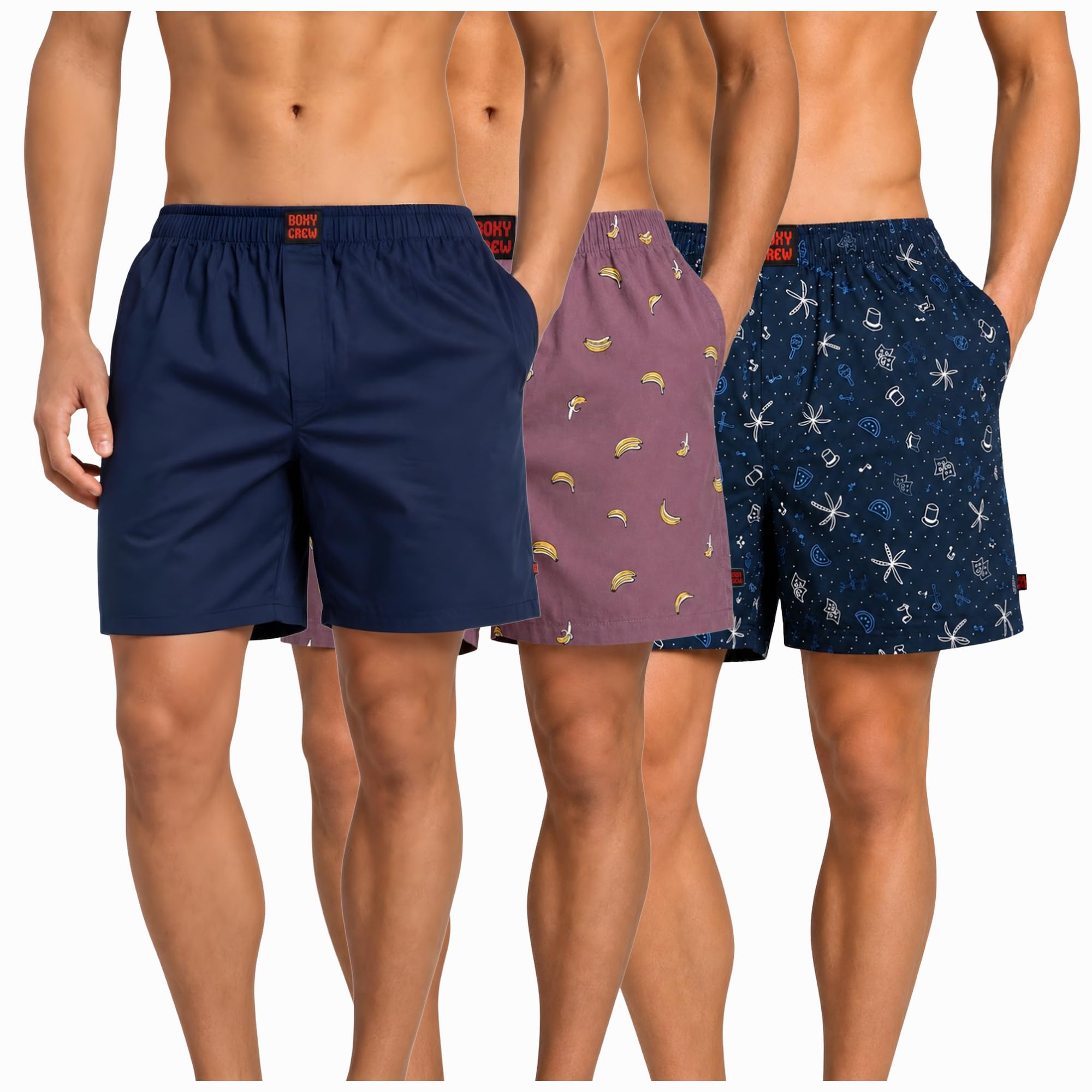 Men's 100% Cotton Boxer Shorts Pack of 3, Navy Blue, Rose Pink & Navy Blue | Woven Boxers with Side Pockets, No-Marks Elastic Waistband, Breathable Relaxed Fit | Style 002-006-007-image-49