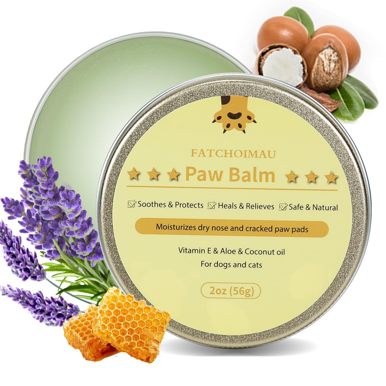 Fatchoimau Natural Dog Paw Balm for Dogs and Cats. Moisturizes Dry Nose & Cracked Paw Pads | Snout Soother, Moisturizer & Paw Protector | Lick Safe Dog Nose Balm & Cat Paw Balm 2oz(56g)