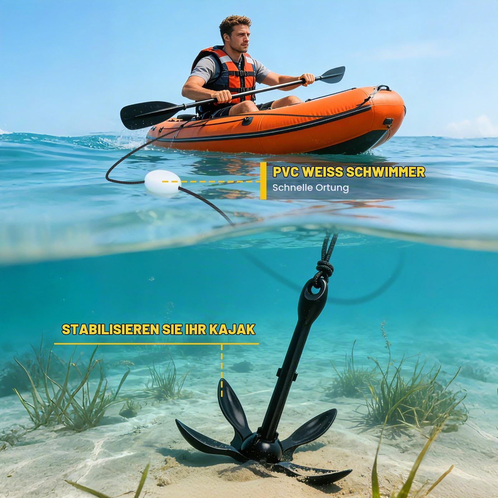 Anker Boot, 1,59KG Bootsanker Kajak Zubehör Klappanker Wurfanker mit 10M Ankerleine, Bojenkugel und Aufbewahrungstasche, Anker Bootsanker für SUP, Schlauchboot, Paddelboot, Schwarz