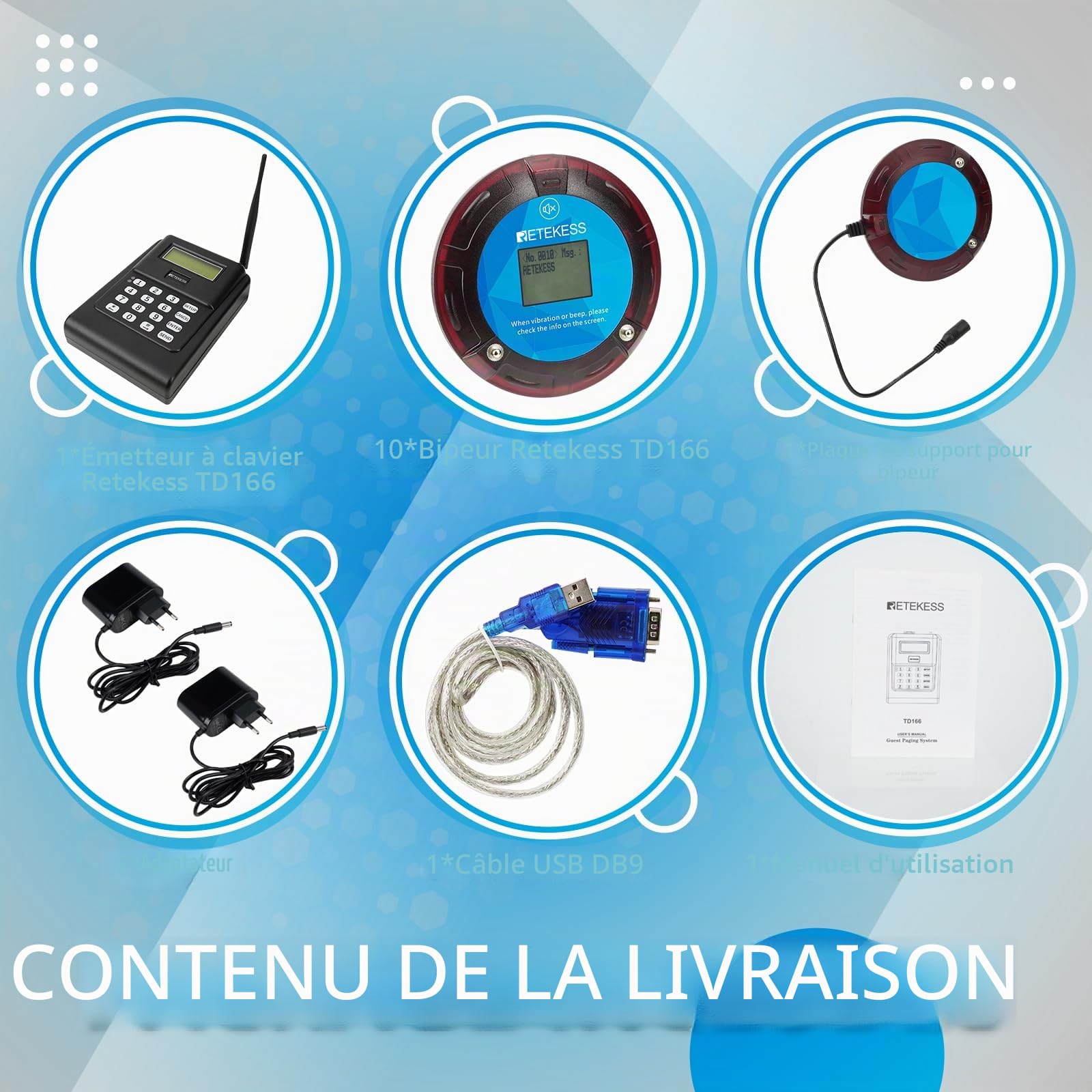 Retekess TD166 Bipeur Restaurant, 5000M Bipeur Logistique, 10 Bippers | pour Logistique, Quai, Usine, Grande Batterie de 550 mAh, Peut Envoyer des SMS, Se Connecte à Un Ordinateur et à Un Clavier