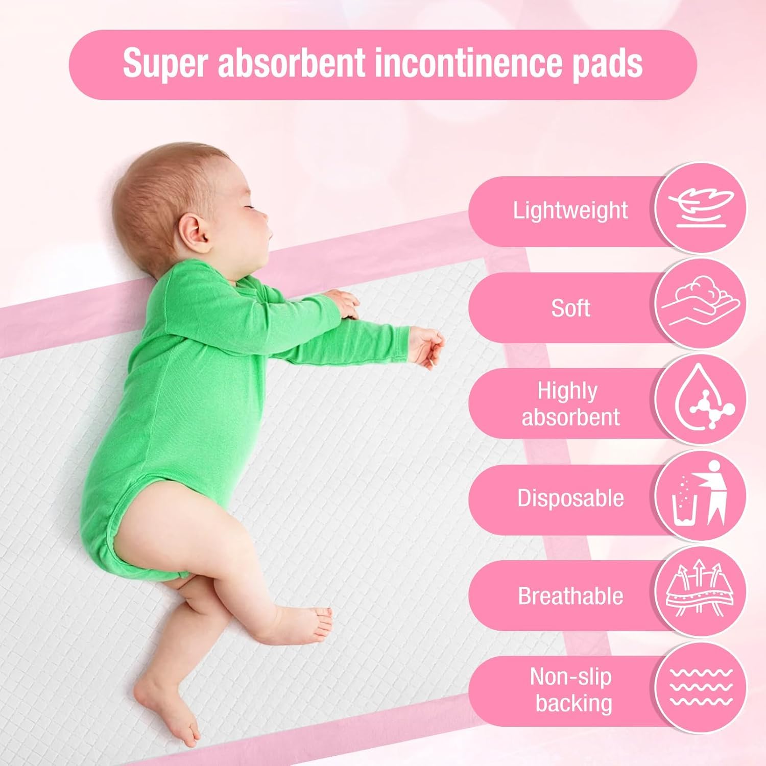 100 Stück Wickelunterlage Einweg, 33 x 45cm Baby Changing Mat für Unterwegs, Inkontinenzunterlage Wickelunterlage Einweg, Baby Wickelauflage, Rosa