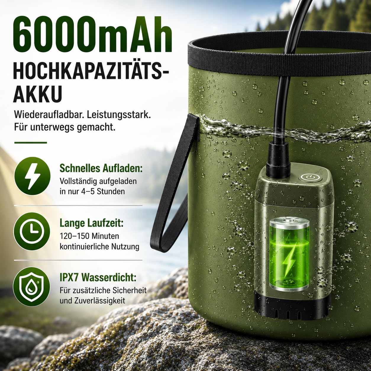 Romicta Tragbare Campingdusche mit wiederaufladbarem 6000mAh Akku & LED-Anzeige – Faltbarer Eimer 4 Sprühmodi IPX7 wasserdichte Pumpe ideal für Wandern Reisen Autofahren Haustiere Outdoor-Aktivitäten