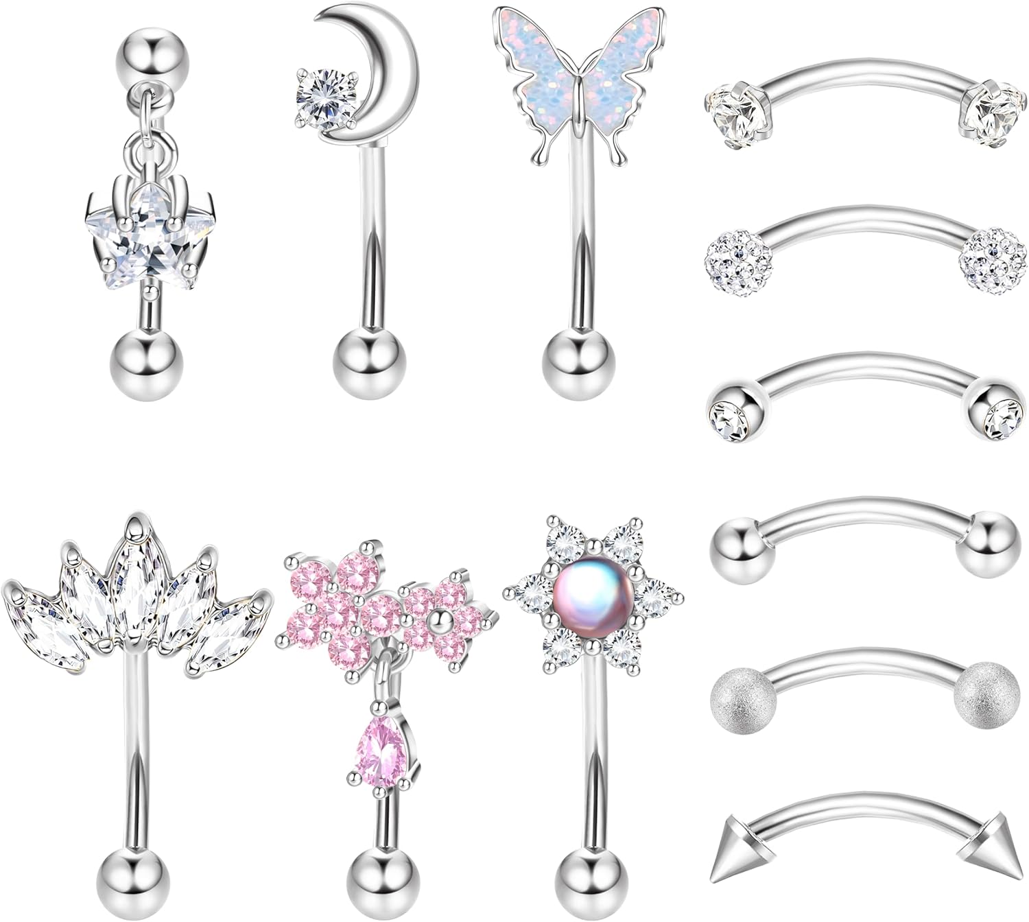 Drperfect 12 PCS Rook Piercing Jewelry Rook Earrings for Women Men Eyebrow Rings 16G Stainless Steel Curved Barbell Dangle CZ Belly Lip Ring Cartilage Daith Surface Tragus Piercing Jewelry