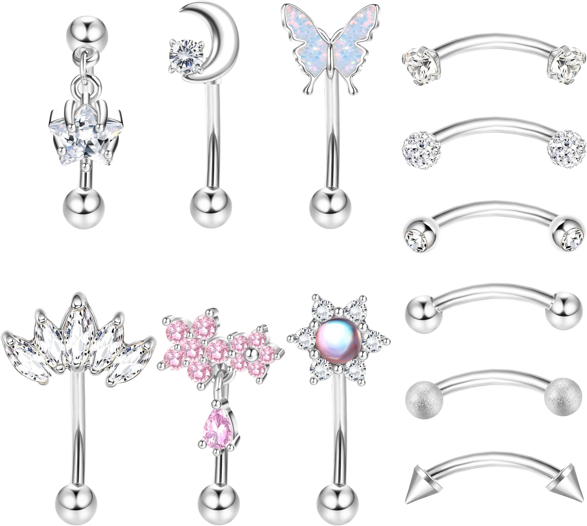 12 PCS Rook Piercing Jewelry Rook Earrings for Women Men Eyebrow Rings 16G Stainless Steel Curved Barbell Dangle CZ Belly Lip Ring Cartilage Daith Surface Tragus Piercing Jewelry