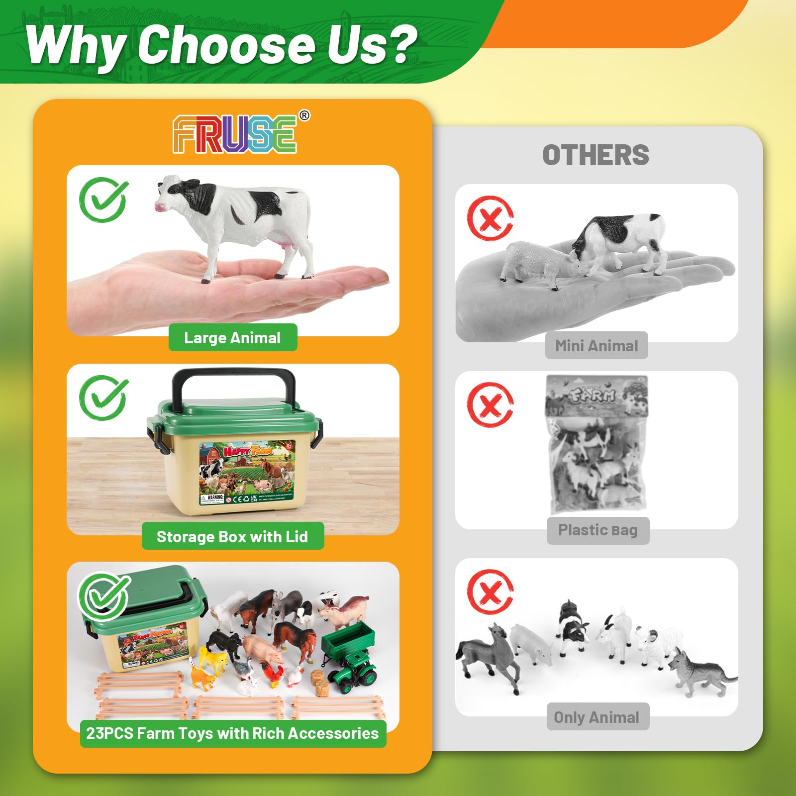 FRUSE Animali Giocattolo per Bambini,23 Pezzi Animal Farm con Realistico Fattoria Animali Figure,Trattore Giocattolo, Balle di Fieno e Recinti,Giochi Educativo per Bambina Ragazzo Ragazza 3 4 5 6 anni