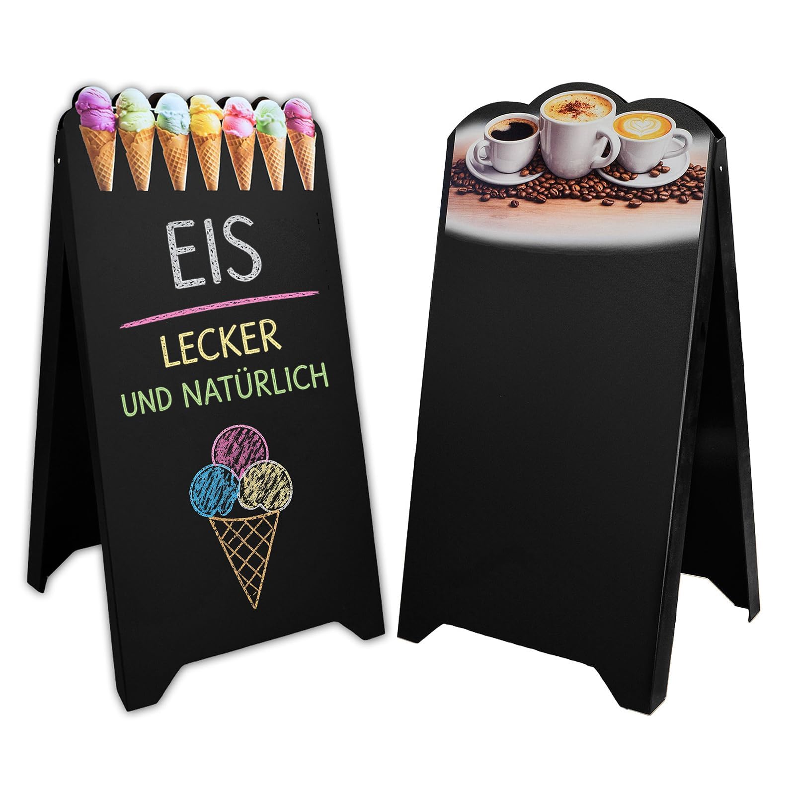 Dwustronny potykacz reklamowy z ABS 118 x 61 cm, wodoodporna tablica do pisania dla lodziarni, kawiarni i restauracji (Czarny, Czarne rożki lodowe)