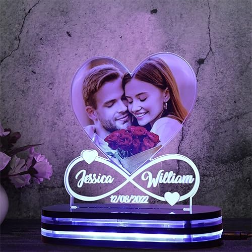 Miniatura 4 de Foto personalizada, luz nocturna de corazón infinito con base, nombre personalizado, fecha, lámpara acrílica, romántica, día de San Valentín,