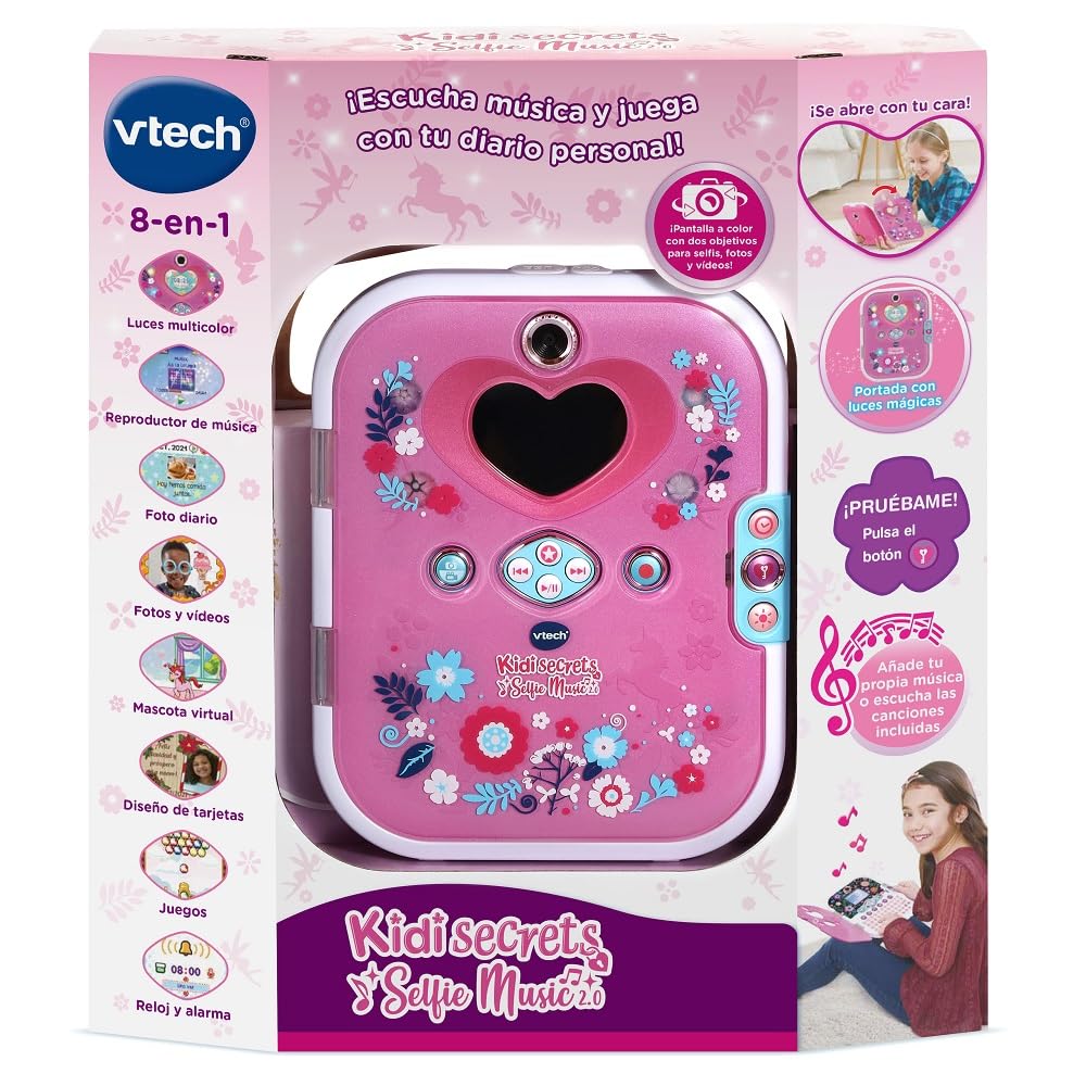 VTech - KidiSecrets Diario Secreto Digital, Reconocimiento Facial, Cámara Fotos y vídeo, MP3, Luces, Juegos Educativos y Mascota Virtual, Regalo niños +5 años, Versión ESP