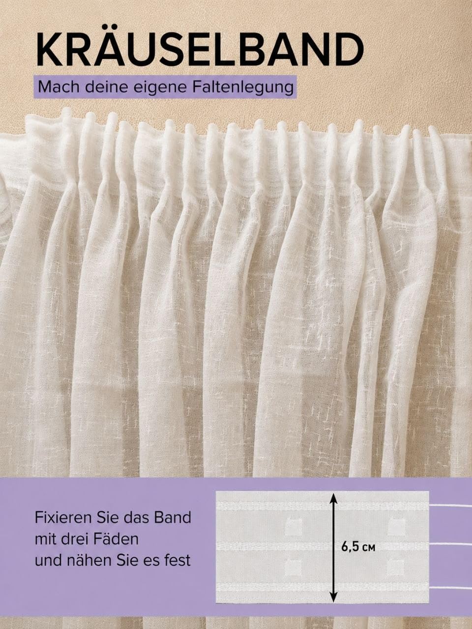 Gardinen Vorhänge mit Kräuselband & Bleiband Leinenoptik Fertiggardine Vorhang halbtransparente Voile Gardine für Wohnzimmer & Schlafzimmer, Ecru 1er-Set(H×B 240×600 cm)
