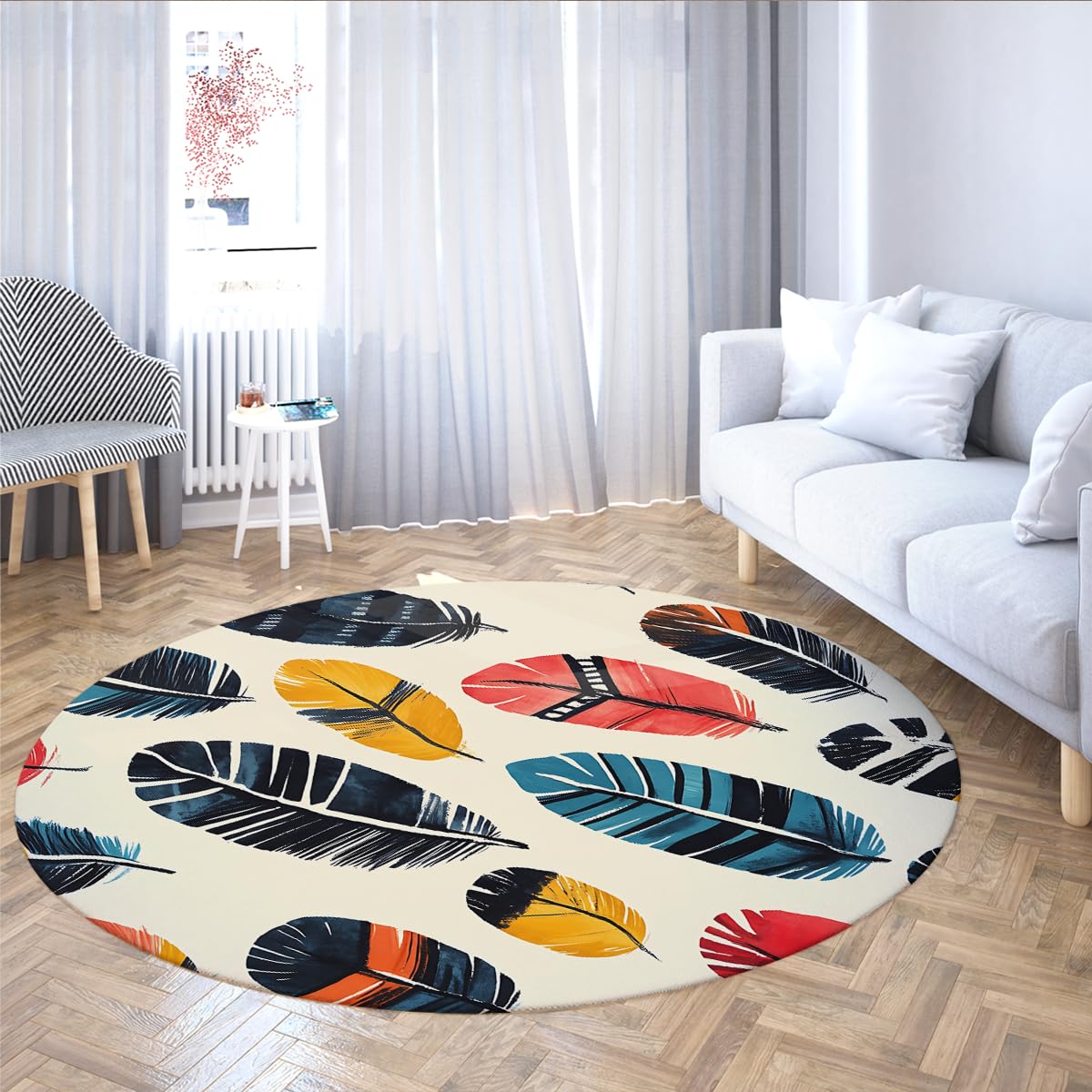 Tapis modernes minimalistes ronds 160cm de sol coloré imprimé plume