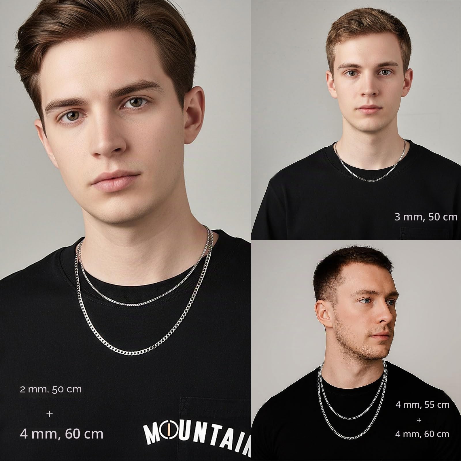 Cadena de plata de ley 925 para hombre y mujer, 2/3/4 mm de ancho, sin colgante, superplana, cadena de plata real