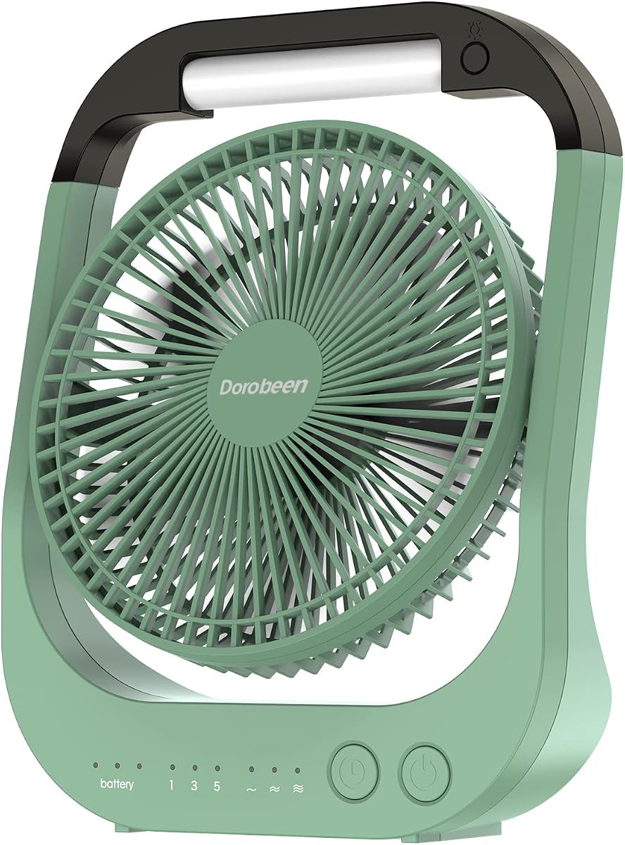 Dorobeen Ventilador recargable, ventilador a pilas, ventilador personal portátil, ventilador de escritorio a pilas, con ventilador de luz LED, ventilador USB de 8 pulgadas con temporizador, ventilador silencioso para dormitorio, hogar, camping, al aire libre