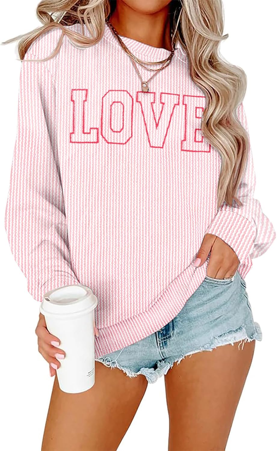 MNLYBABY Womens Waffle Knit Sweatshirt Love Heart Shirts Casual Crewneck Lightweight Long Sleeve Top