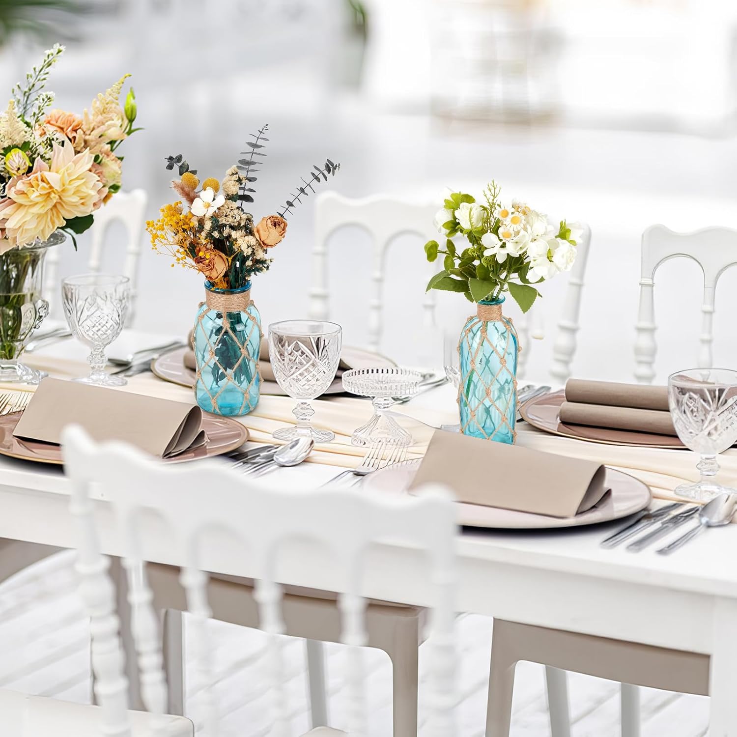 2PCS Coastal Glass Vases for Flowers, Light Blue Flower Vase with with Boho Rope Sea Glass Vase Nautical Beach Bottle for Wedding Table Centerpieces Floral Arrangement Party Home Decor