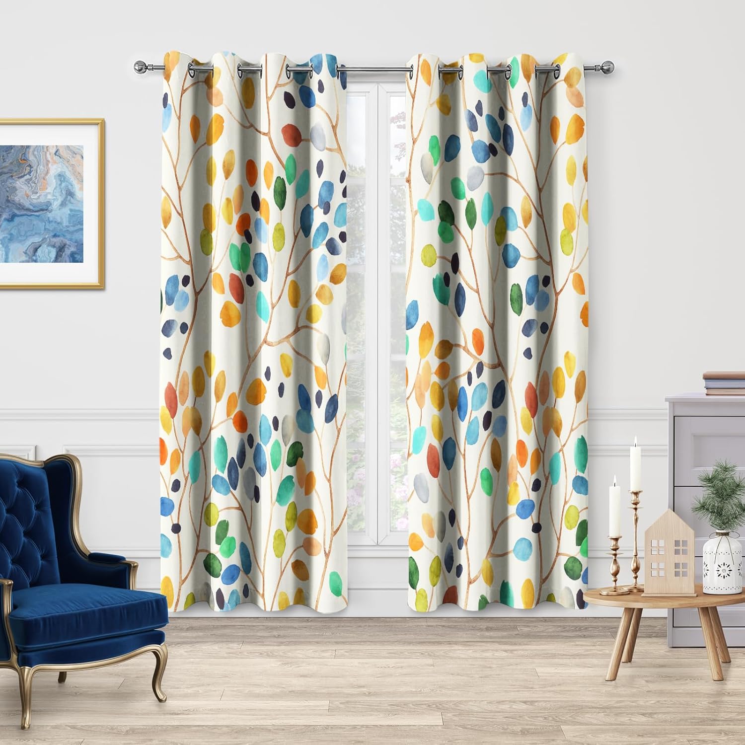 Jekeno Boho Watercolor Leaf Blackout Curtains Bohemian Oil Painting Colorful Leaves Print Drapes Decor Home Bedroom Living Room Darkening Grommet Window Treatments 2 Panels Set,42x54 Inch