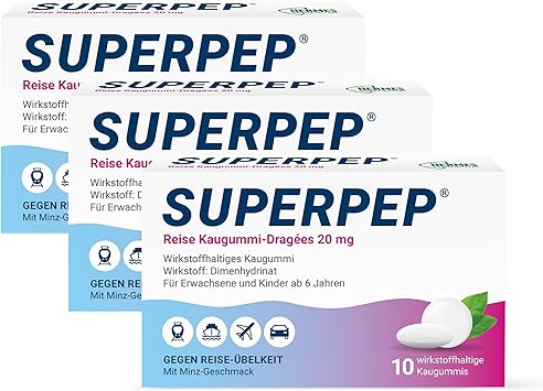 SUPERPEP Travel Chewing Gum Dragees - Against Travel Sickness and Motion Sickness without Drowsiness - For Adults and Children from 6 Years - Value Pack 3 x 10 Pieces