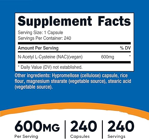 Vista 2 de Nutricost N-acetil L-cisteína (NAC) 600 mg, 240 cápsulas vegetarianas - Vegano, sin OMG, sin gluten