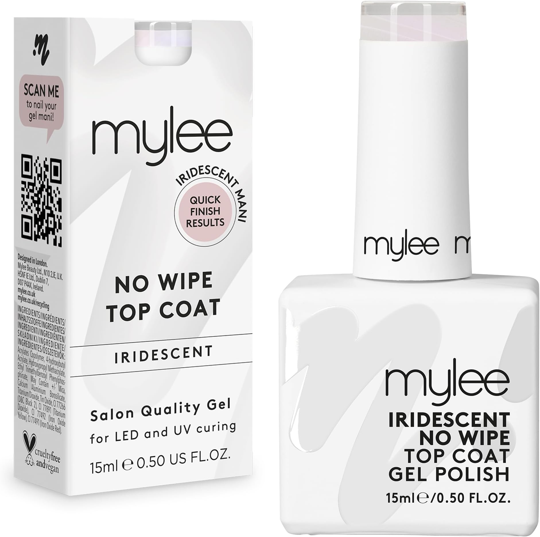 Mylee Gel Nail Polish Top Coat - UV/LED Soak-Off Nail Art Manicure Pedicure for Professional & Home Use, Long Lasting & Easy to Apply, Vegan & Cruelty Free (Iridescent No-Wipe Top Coat, 15ml)